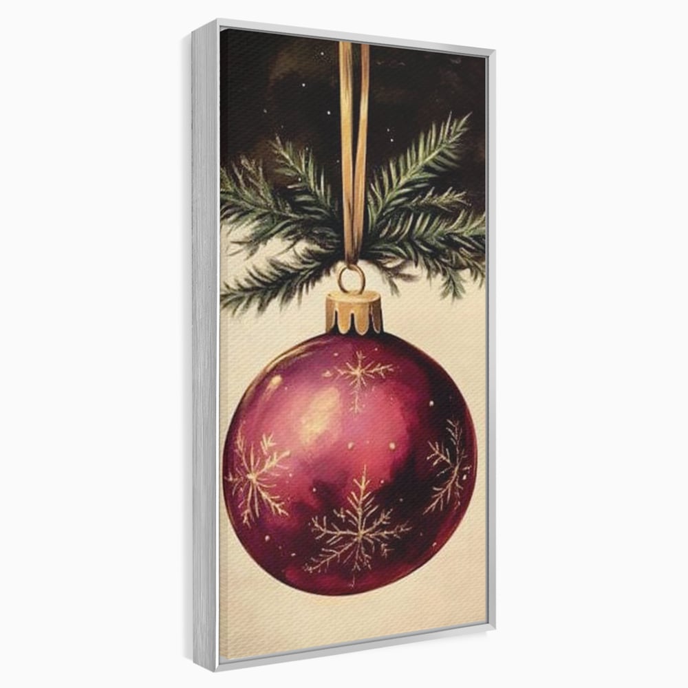 Tablou canvas cu tablou canvas cu glob de craciun visiniu, in rama de aluminiu argintiu